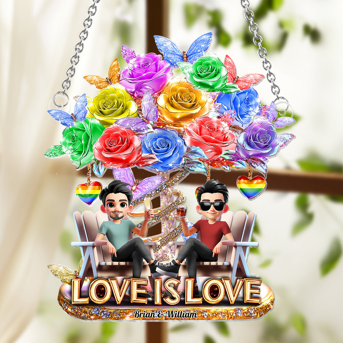 Love Is Love - Personalized LGBT Support Window Hanging Suncatcher Ornament