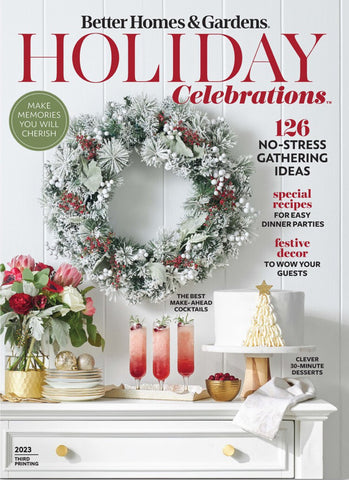 Better Homes and Gardens Holiday Celebrations December 2023 magazine cover of a wreath hanging on a white wall.