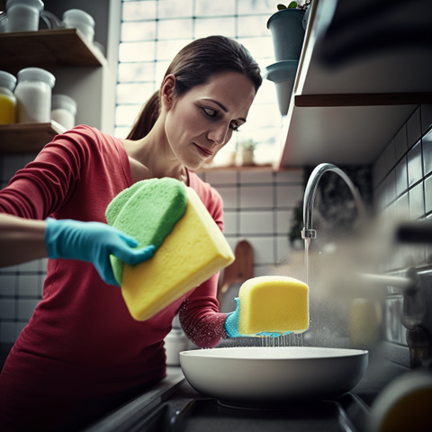 Whenever I get a dish sponge that is past its lifetime for washing dishes,  I always cut it in half and then retire those sponges for household cleaning  around the bathroom and