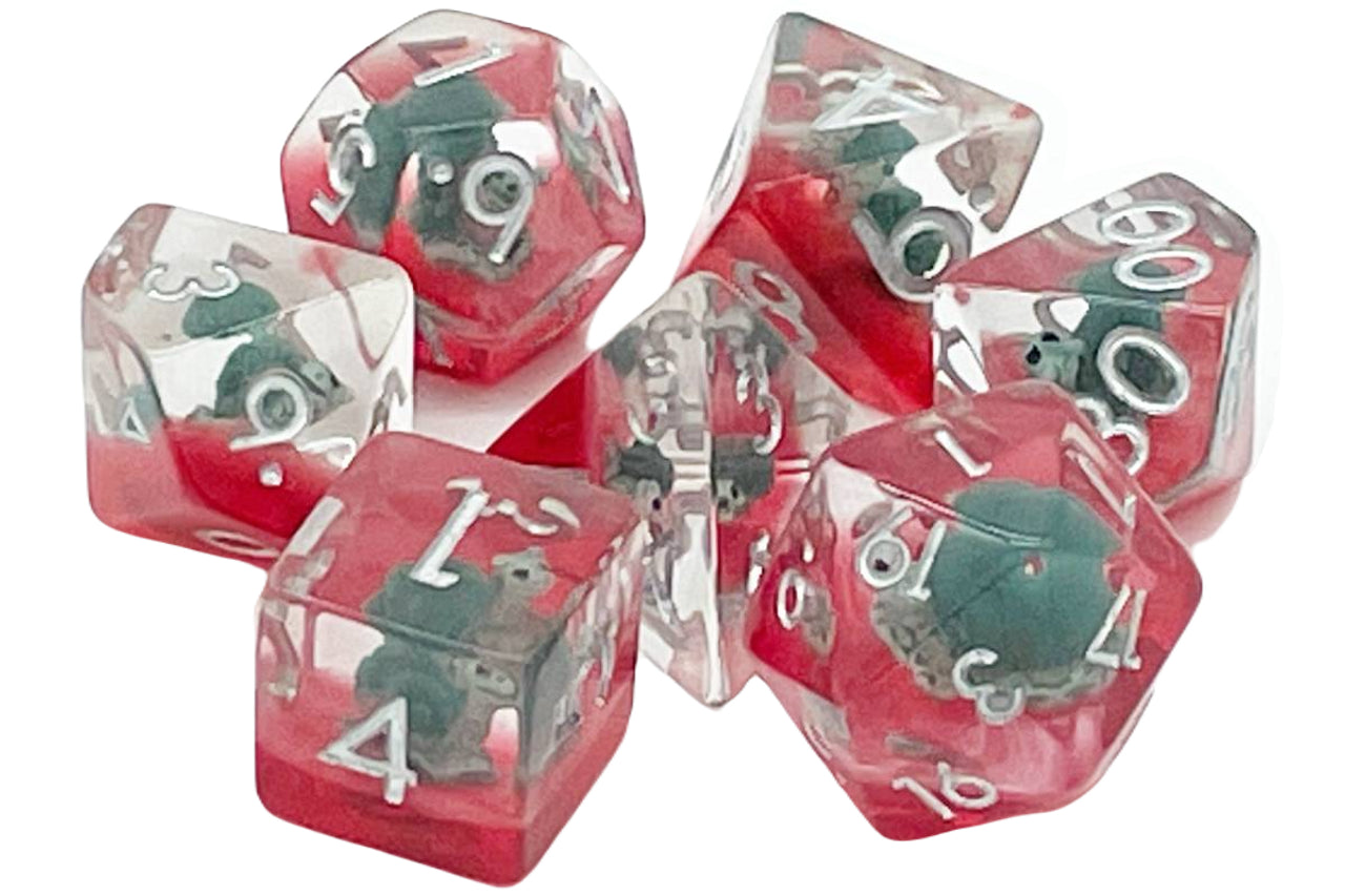 Old School 7 Piece DnD RPG Dice Set: Animal Kingdom - Snails - Green w/ Red