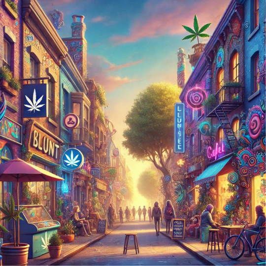 A vibrant fictional street with quirky shops, hidden cafes, colorful murals, and a magical atmosphere of creativity and community.