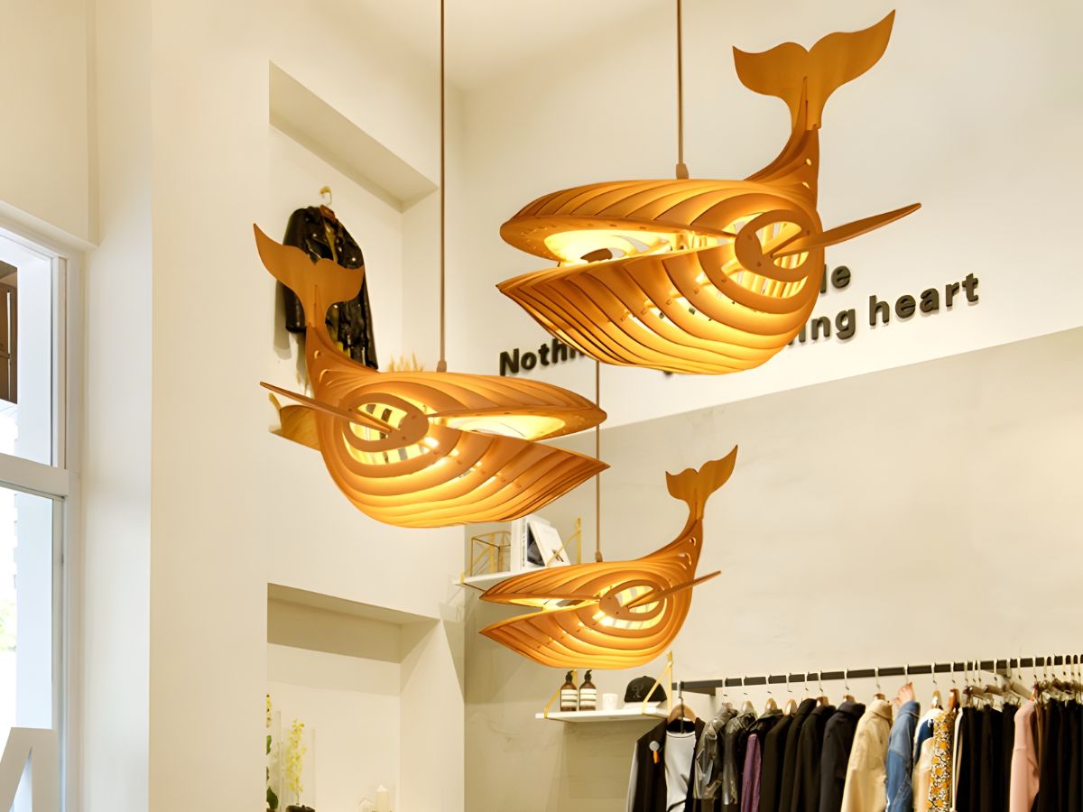 Wood Whale Pendant Lamp in Storefronts