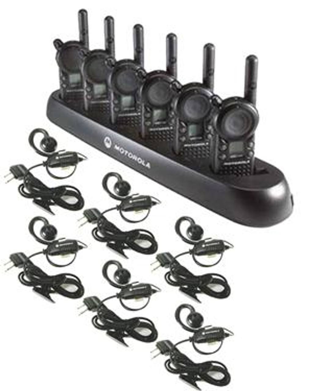 6 Pack Of Motorola Cls1110 Walkie Talkie Radios With Headsets & 6-Bank
