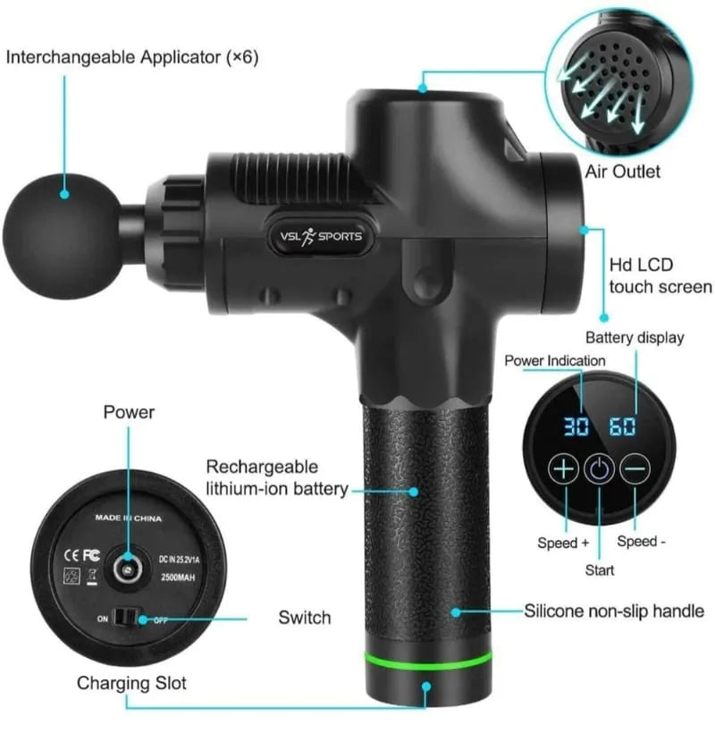 VSL Sports - Πιστόλι μασάζ - massage gun - με βαλιτσάκι, αξεσουάρ και φορτιστή σε μαύρο χρώμα