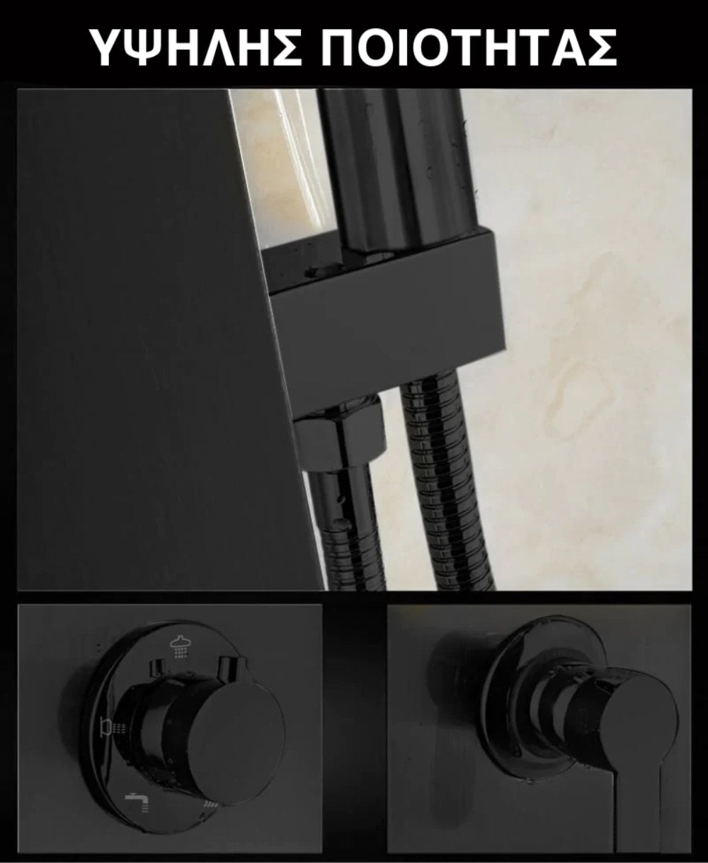 Wallex - Στήλη ντους - υδρομασάζ τοίχου 150cm με τηλέφωνο ντους και βρυσάκι σε μαύρο ματ χρώμα_6