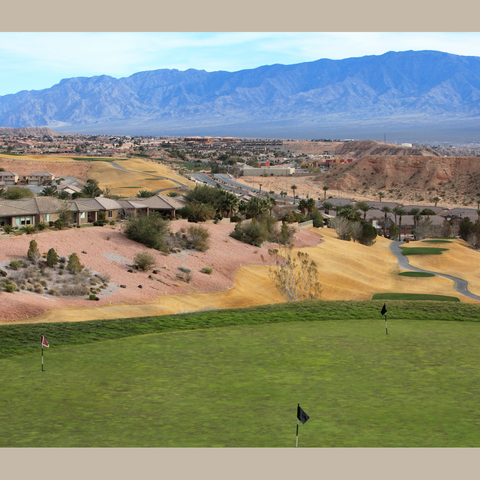 Mesquite, Nevada with a golf course and the Arizona Mountain Range.