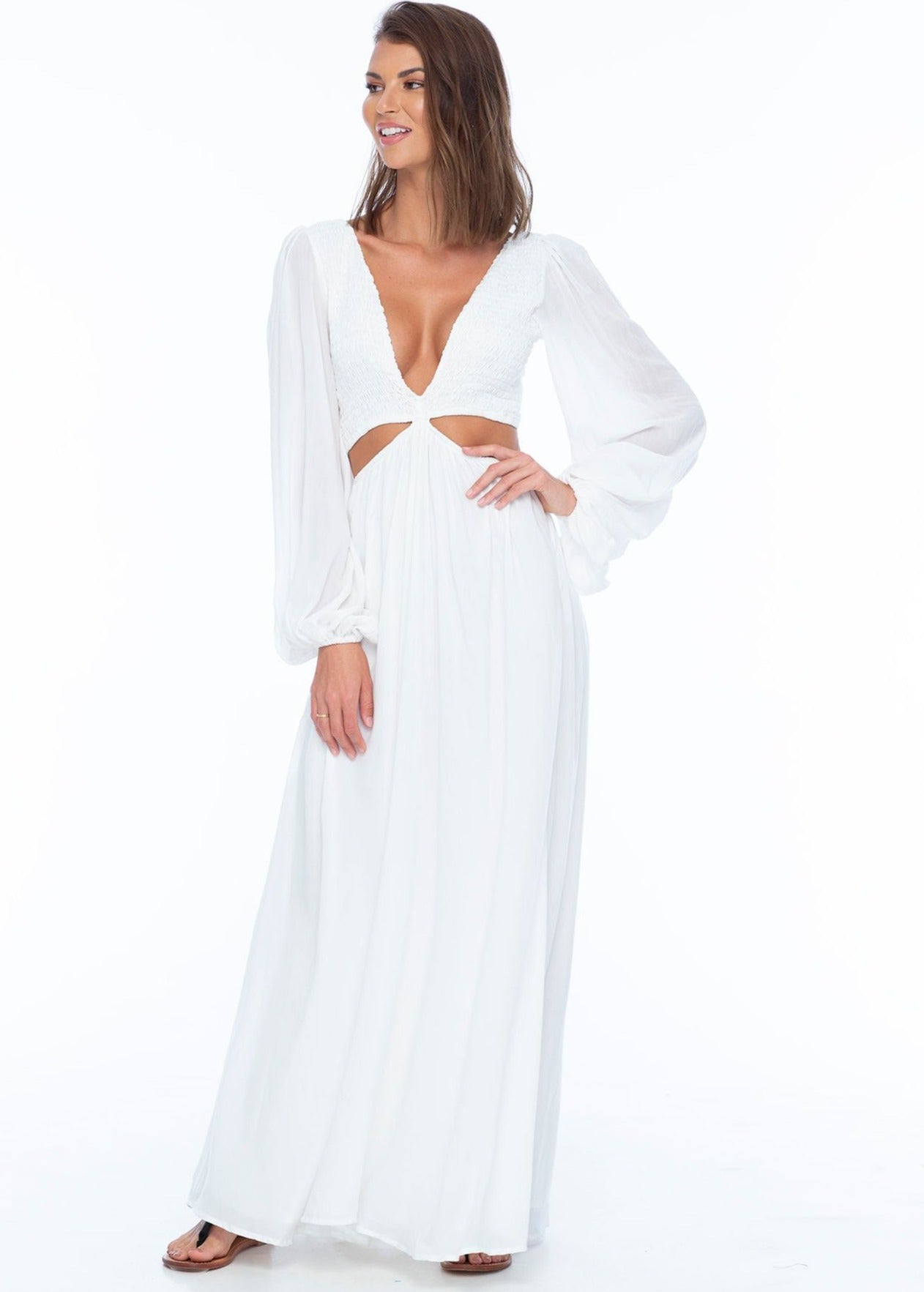 Deep Plunge Side Cutout Ivory Dress 