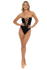 Strapless Black Lattice Front One Piece