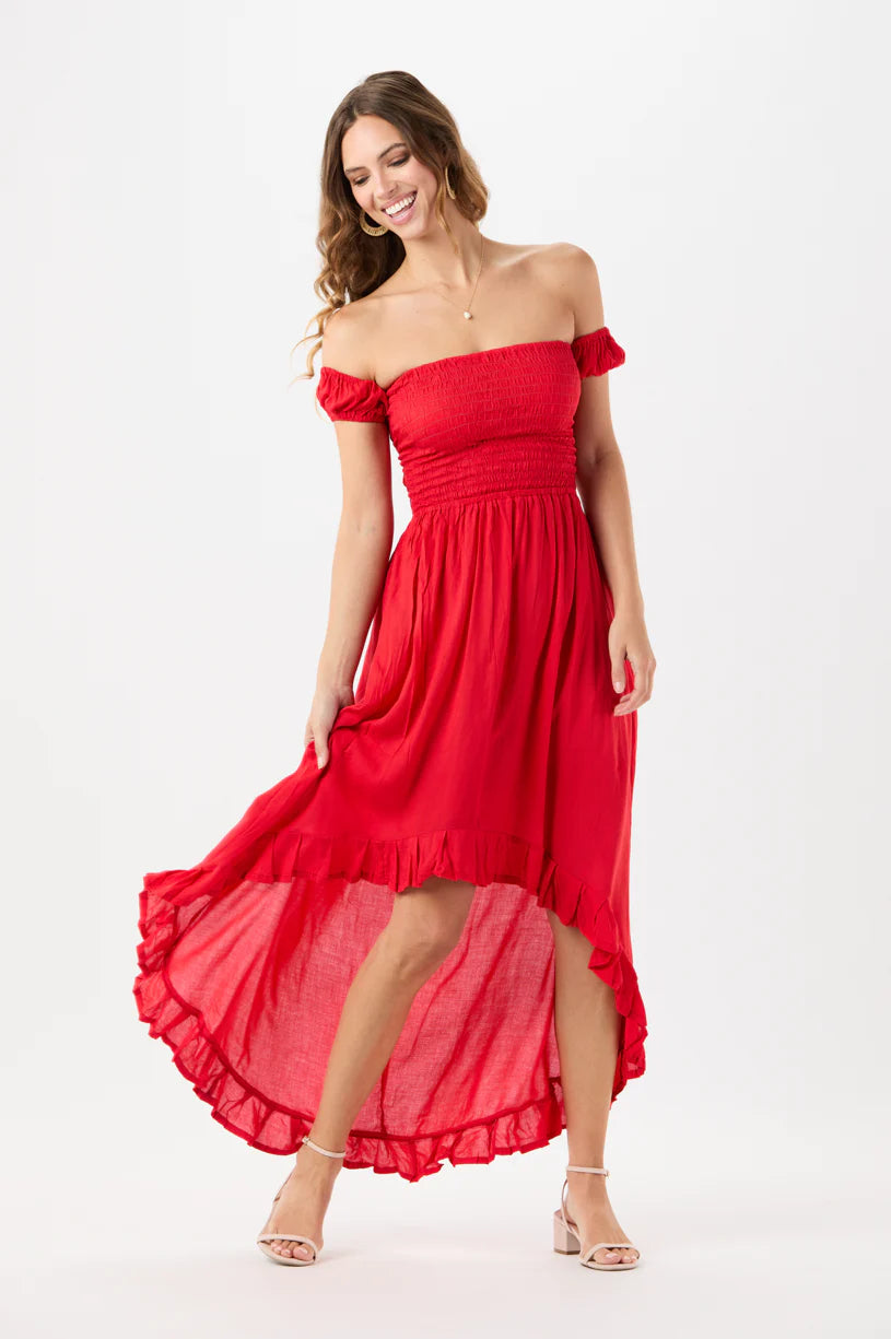 Red short sleeve smocked maxi dress