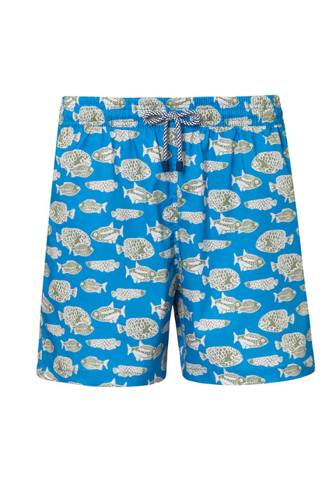 Blue Fish Print Swim Trunks