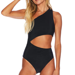 Black Ribbed Asymmetrical One Shoulder One Piece