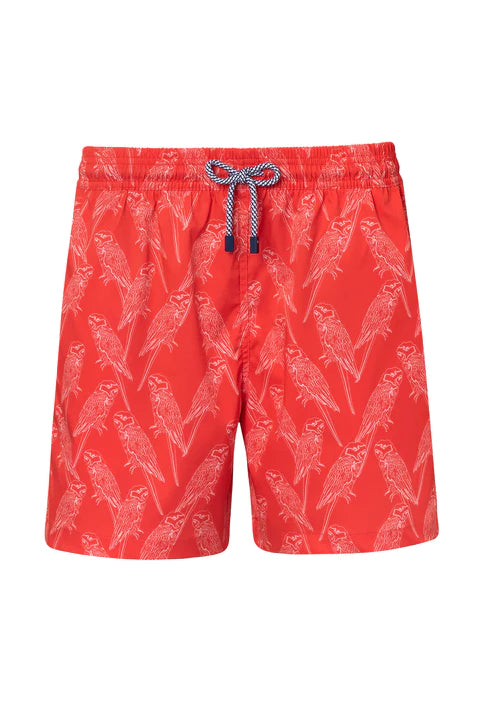 Bright Red Parrot Print Swim Trunks