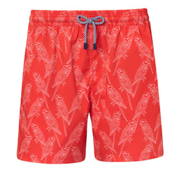 Bright Red Parrot Print Swim Trunks