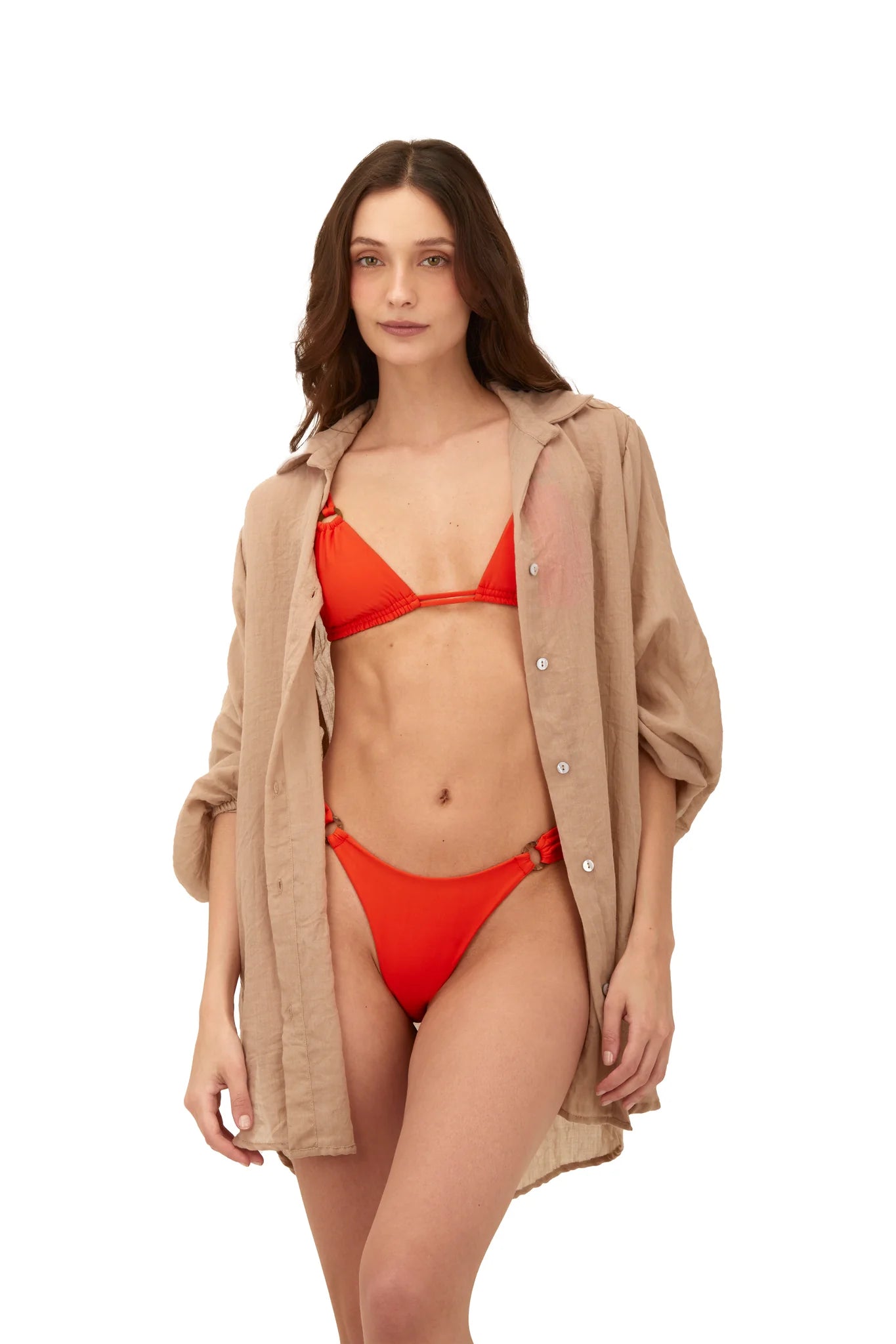 Collared coverup shirt with buttons in an earthy tan color