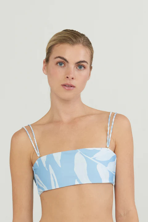 Blue Printed Tie Back Bandeau Top