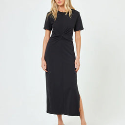 Short Sleeve Twist Front Black Cotton Dress 