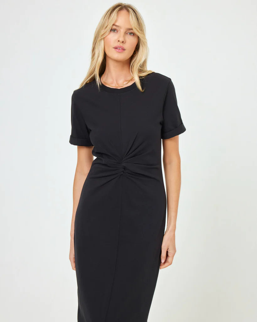 Short Sleeve Twist Front Black Cotton Dress 