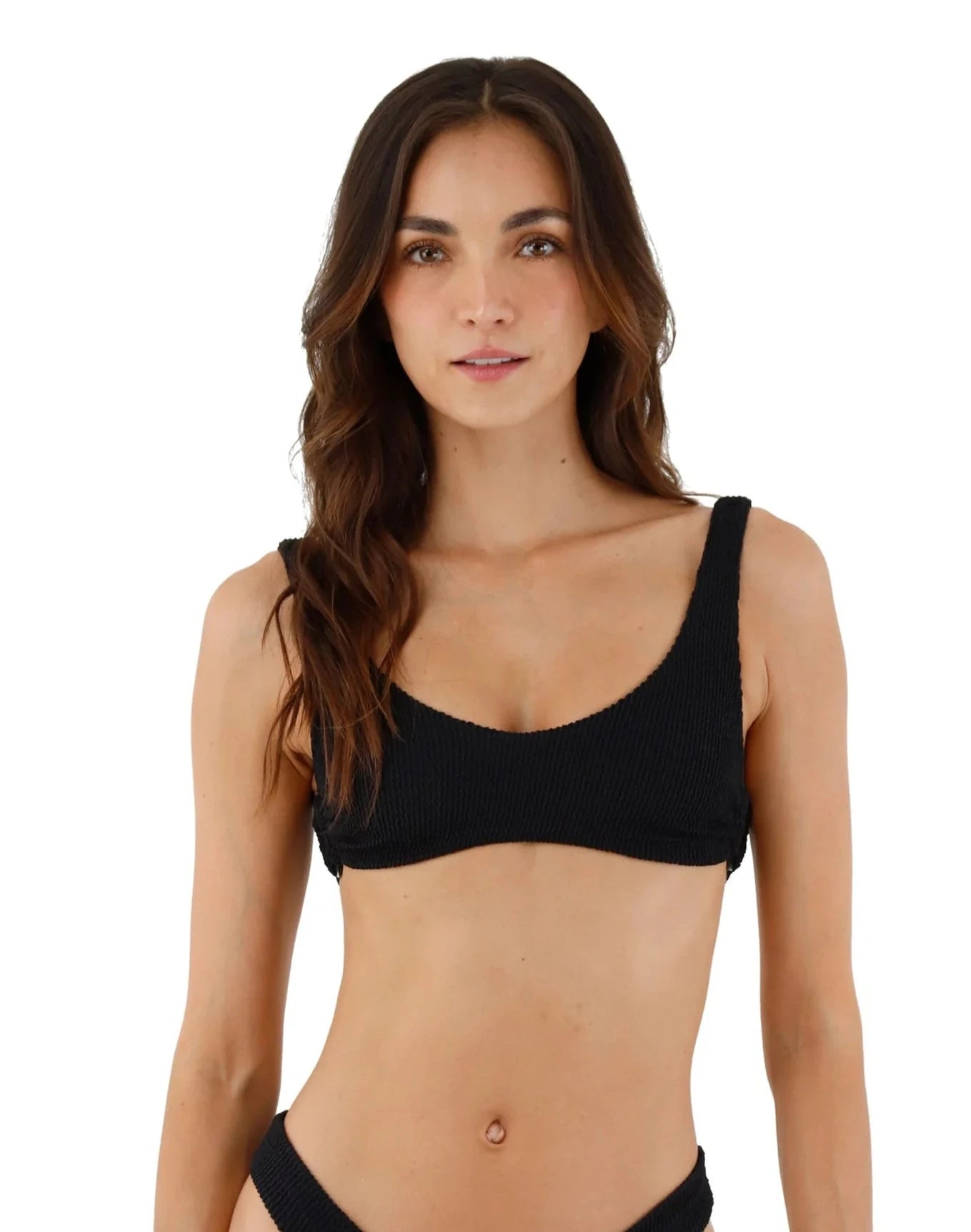 Textured scoop neck top with rings in black