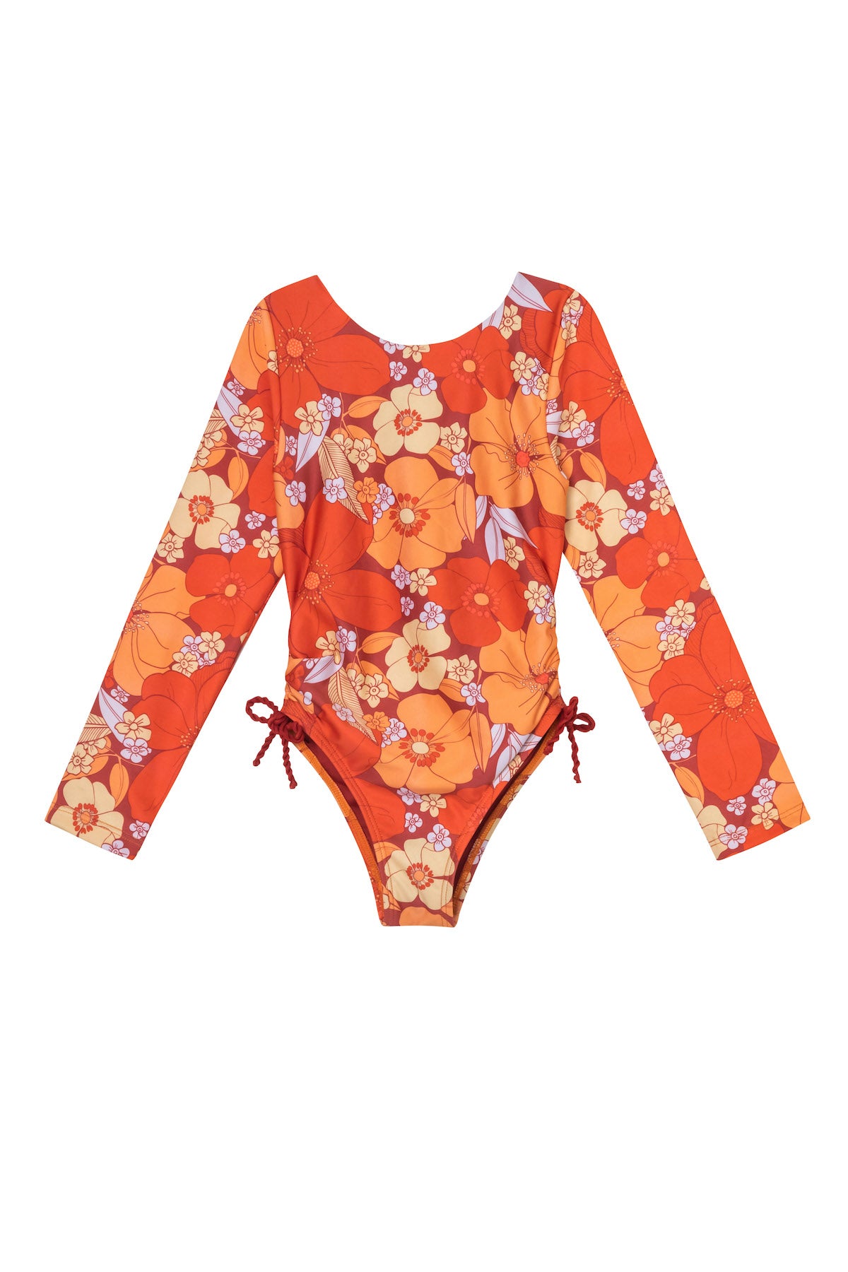 orange flower print long sleeve kids swimsuit