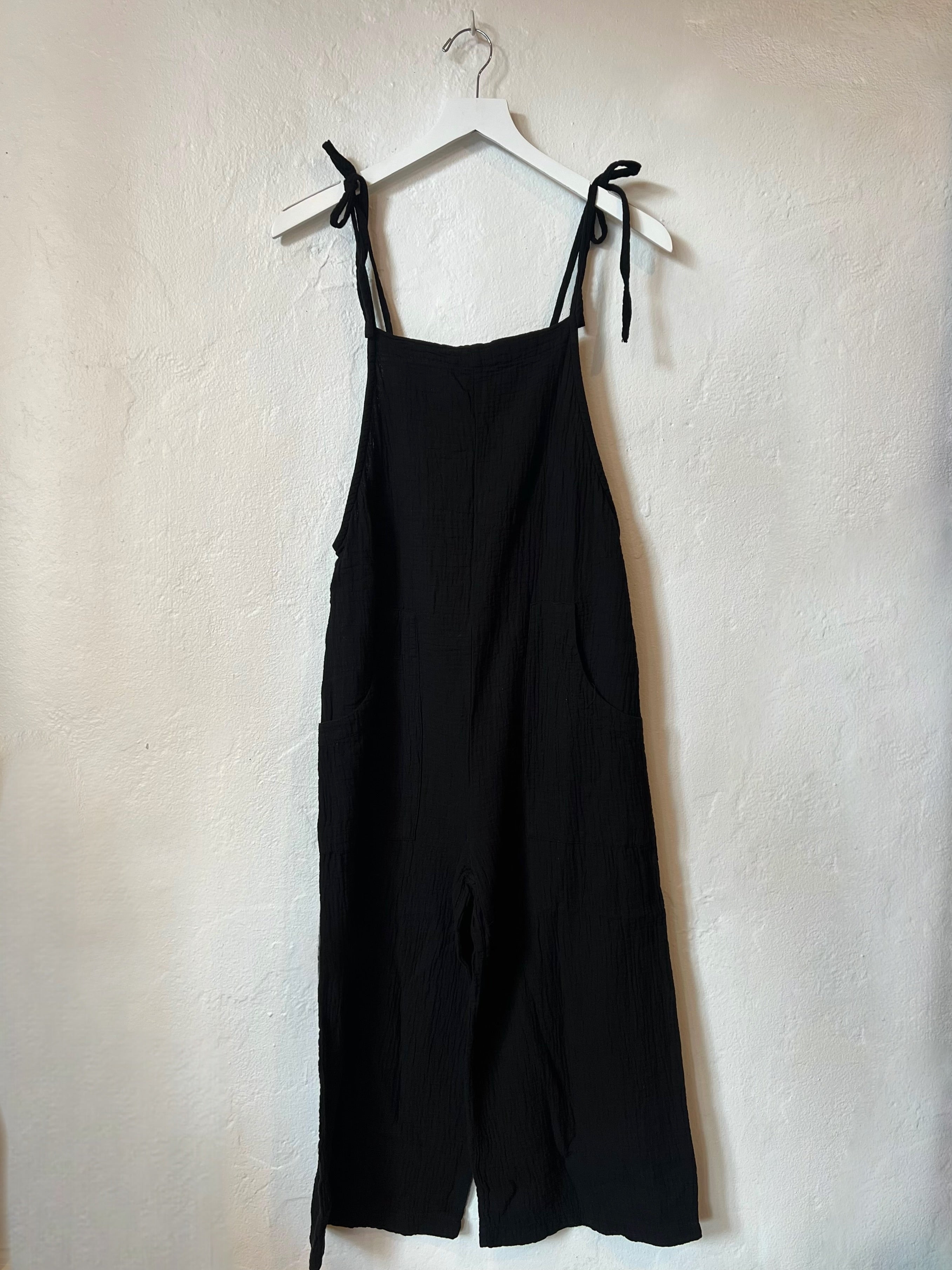 Cropped Wide Leg Overalls - Black
