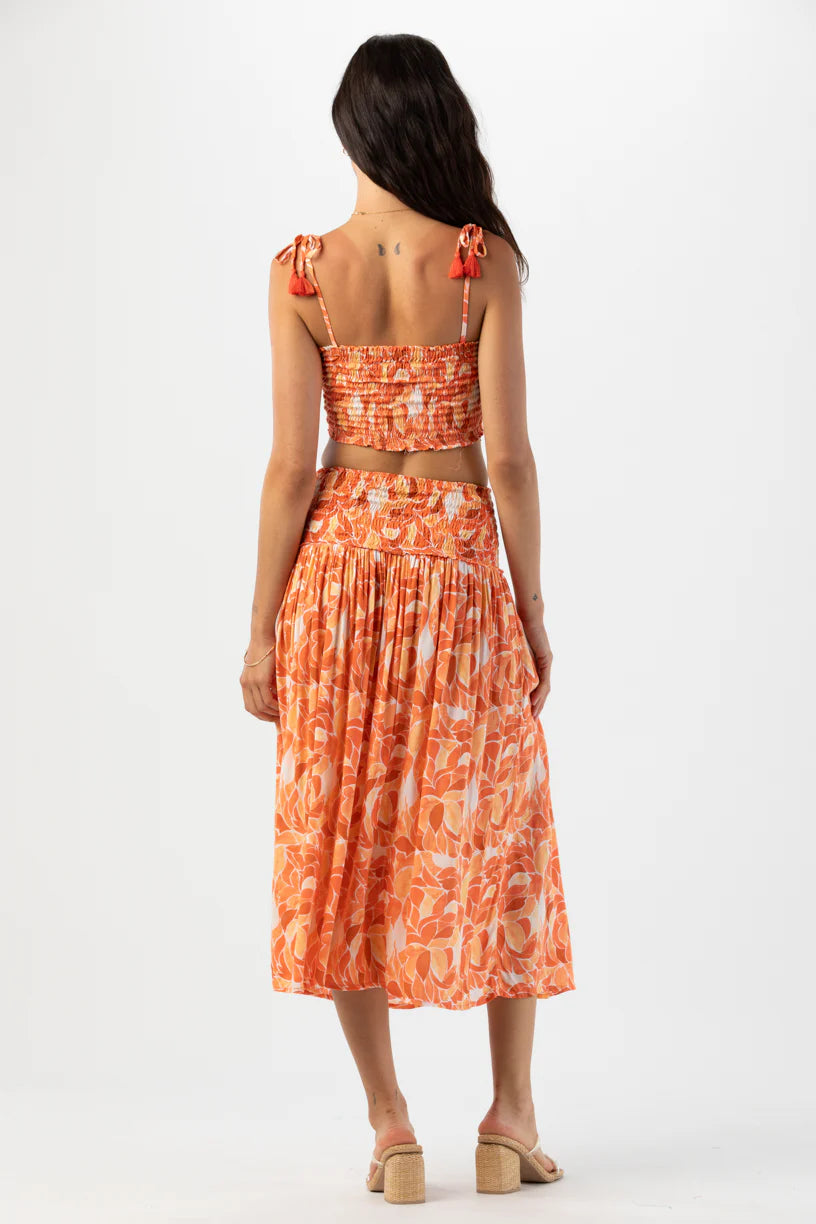 Smocked Waist Orange Print Skirt 