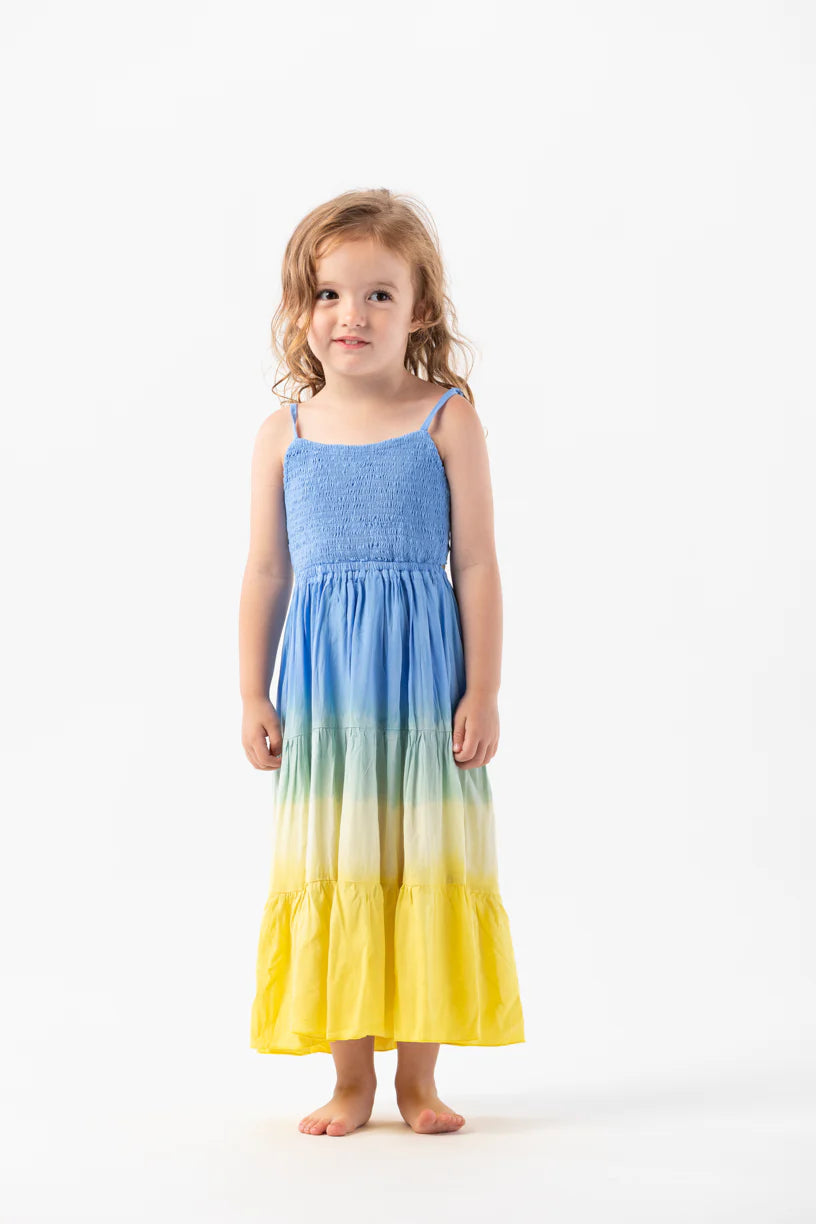 Kids Blue And Yellow Tiered Dress