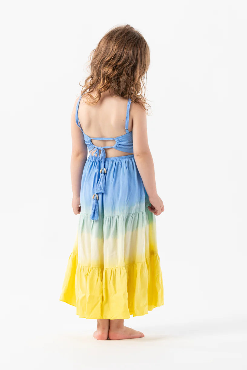 Kids Blue And Yellow Tiered Dress