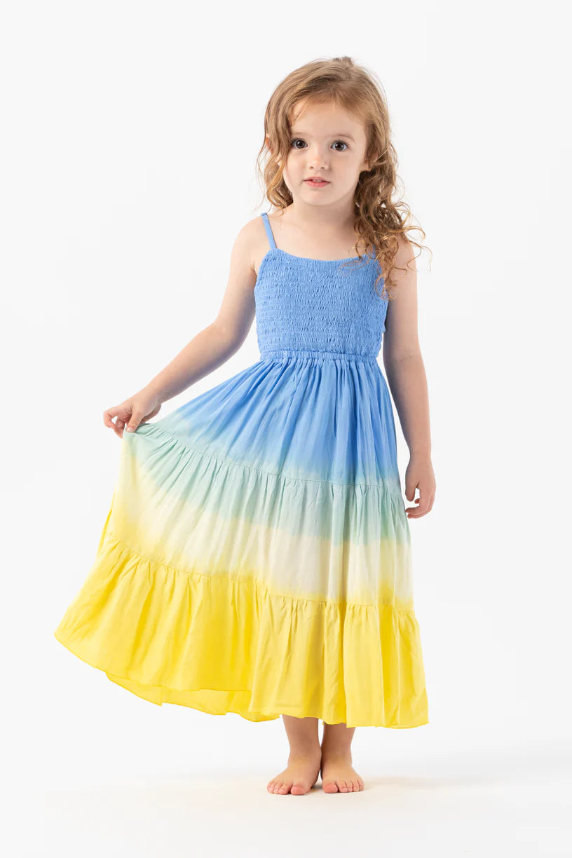 Kids Blue And Yellow Tiered Dress
