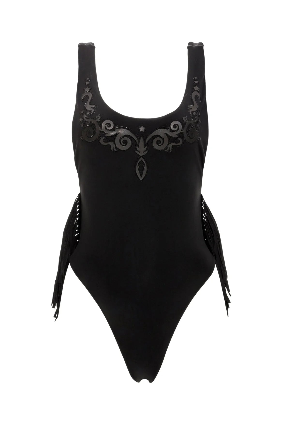 Tasseled scoop neck one piece in black