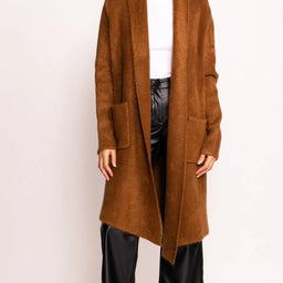 Long brown winter jacket with front pockets
