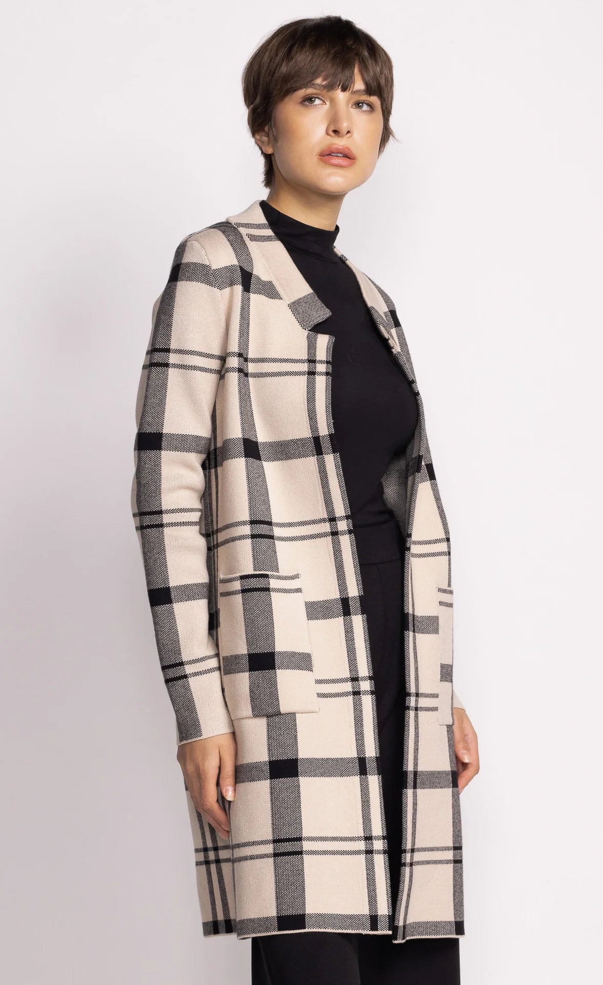 Long beige open cardigan in black plaid