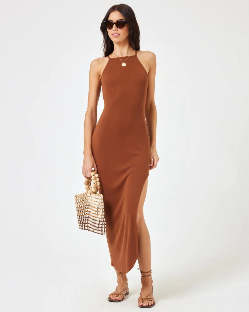 Ribbed Brown High Neck Ankle Length Dress