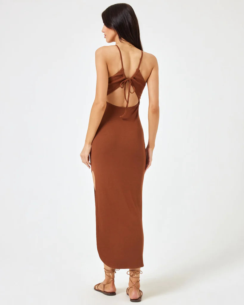 Ribbed Brown High Neck Ankle Length Dress