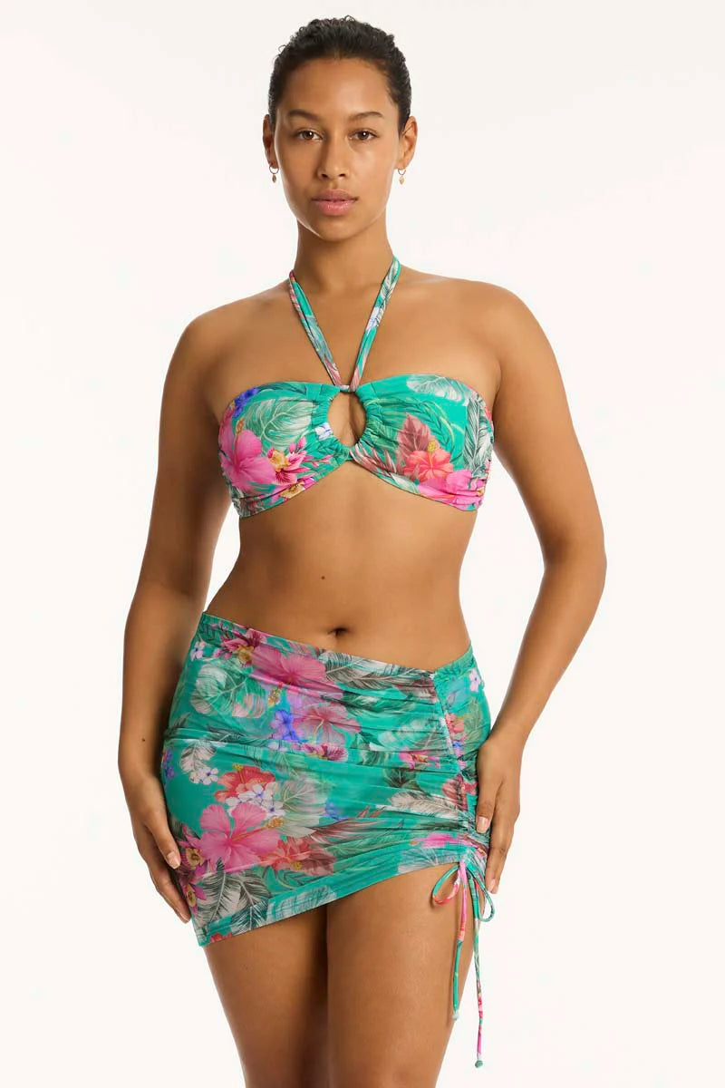 Colorful mesh coverup skirt with side drawstring in tropical print