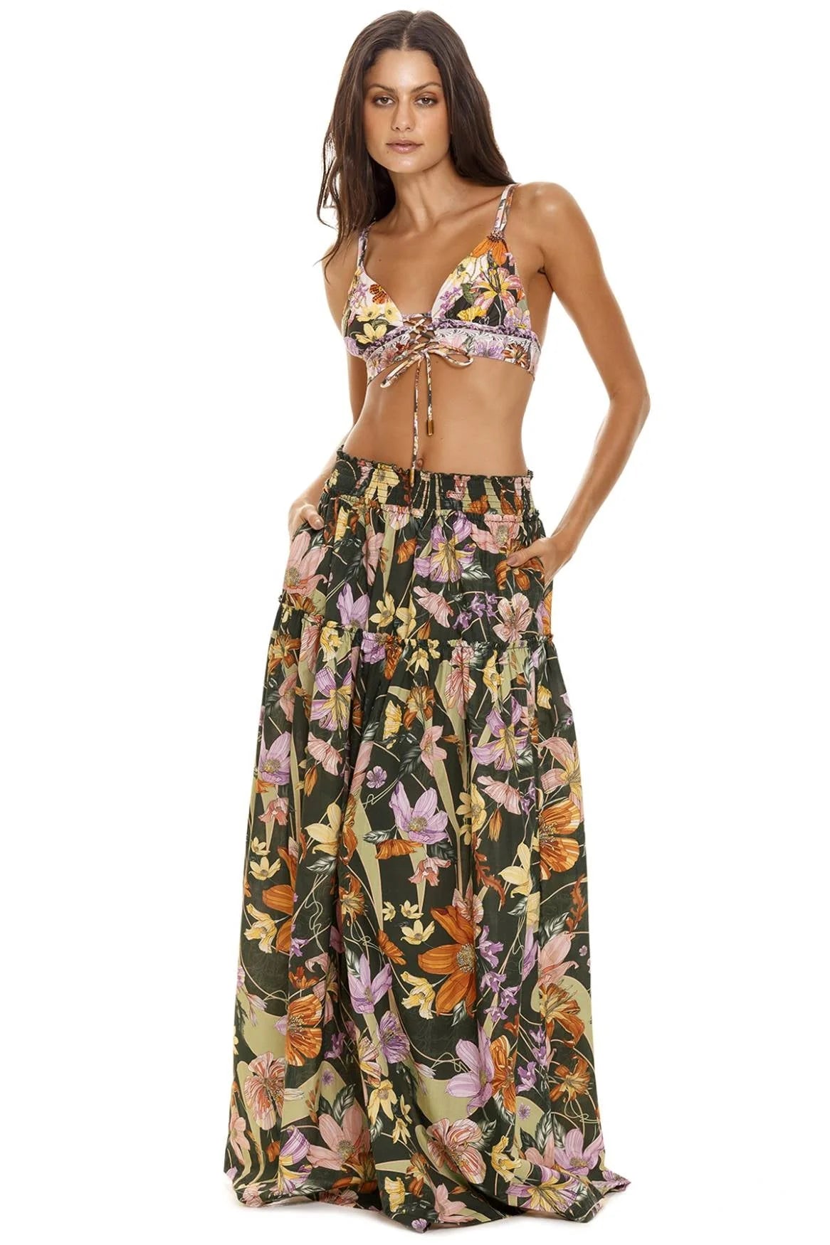 Colorful Floral Print Floor Length Skirt