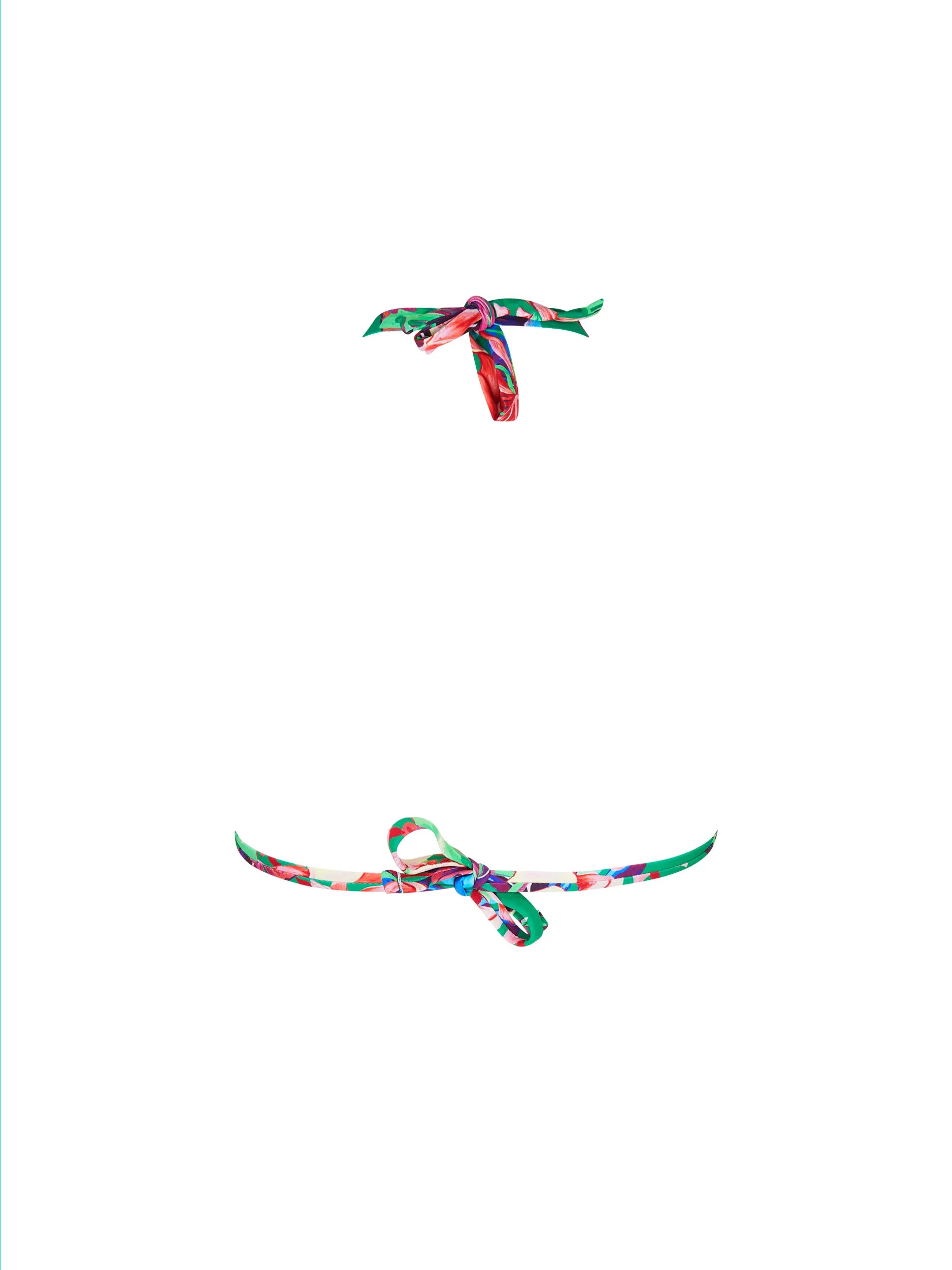 Adjustable triangle top with ring details in bright tropical print