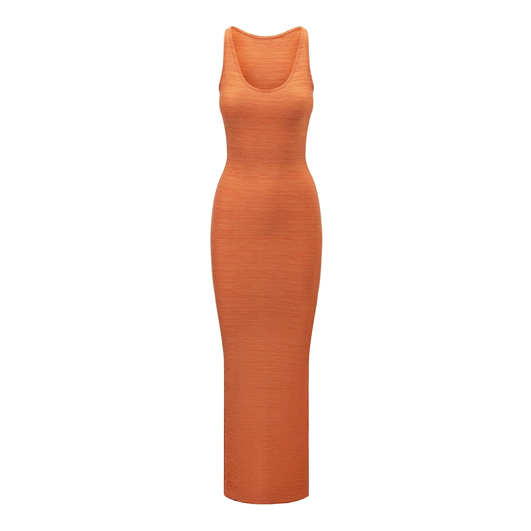 light orange fitted tank style maxi dress 