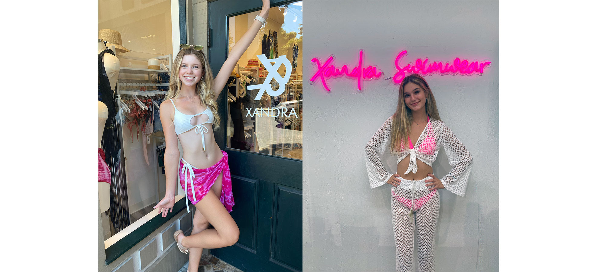 models wearing pink and white beach outfits 