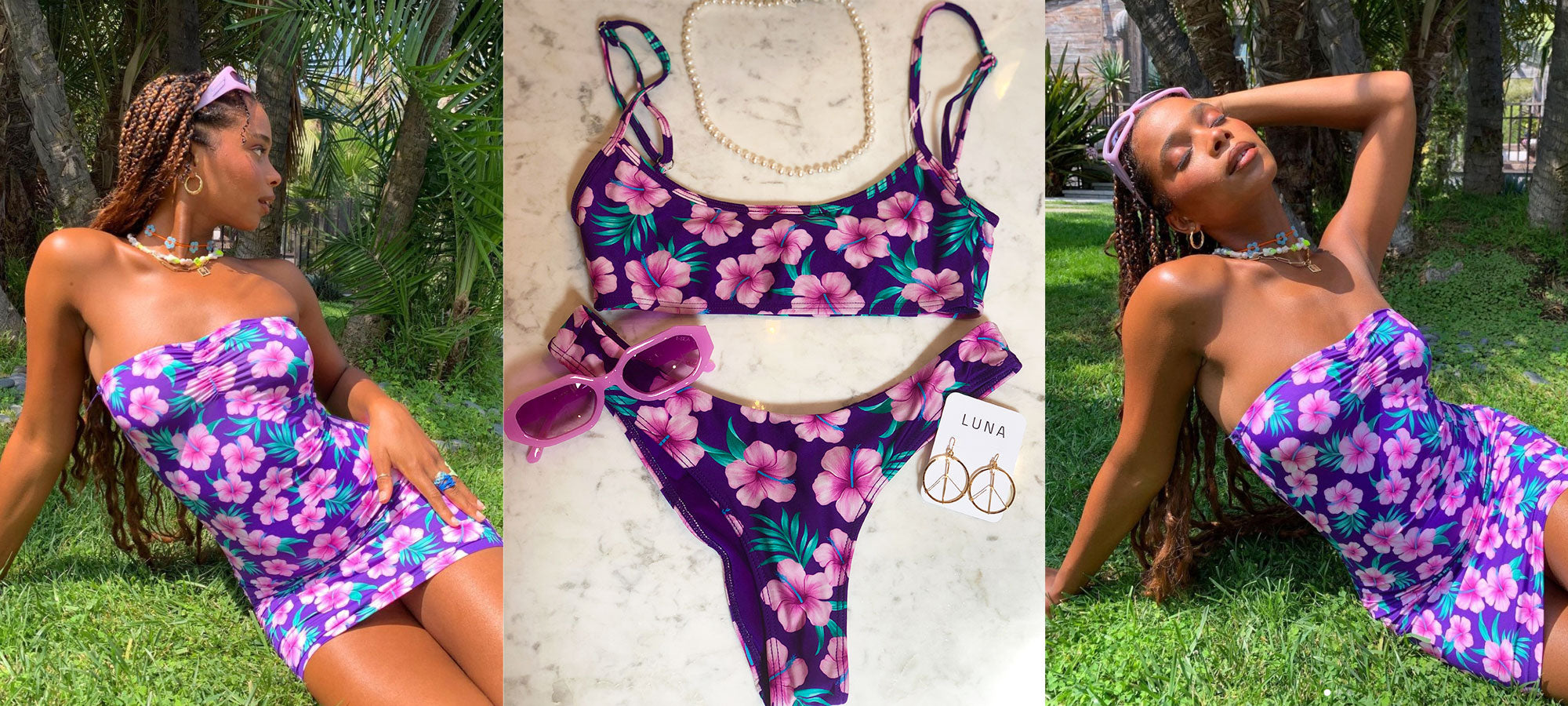 purple hibiscus print dress and bikini