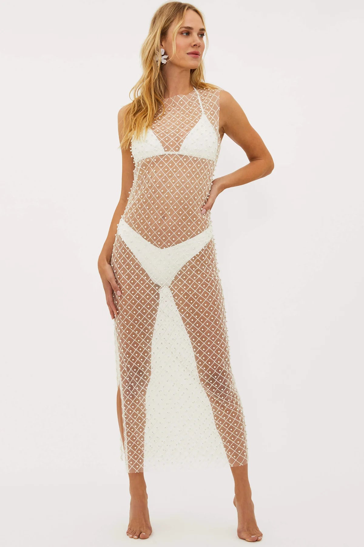 Sheer Pearl Studded Ivory Coverup Dress