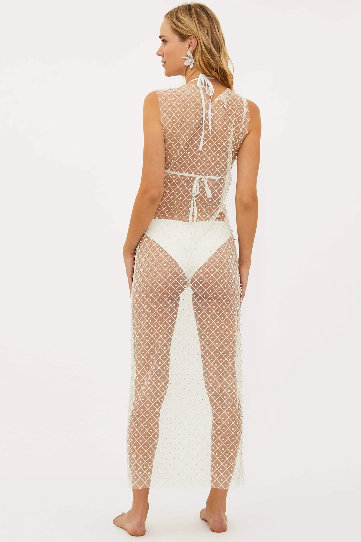 Sheer Pearl Studded Ivory Coverup Dress