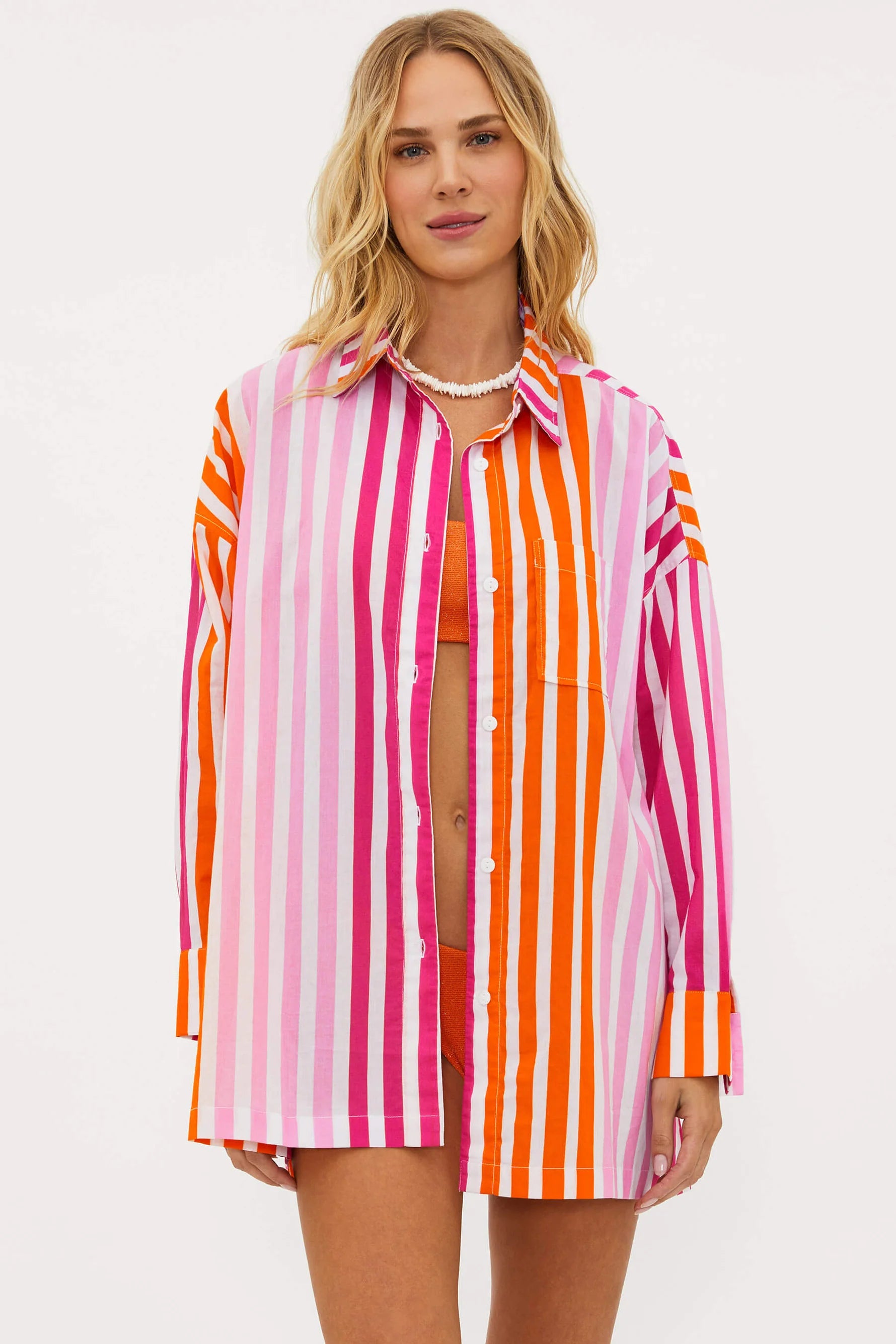 Striped Button Down Collared Coverup Shirt