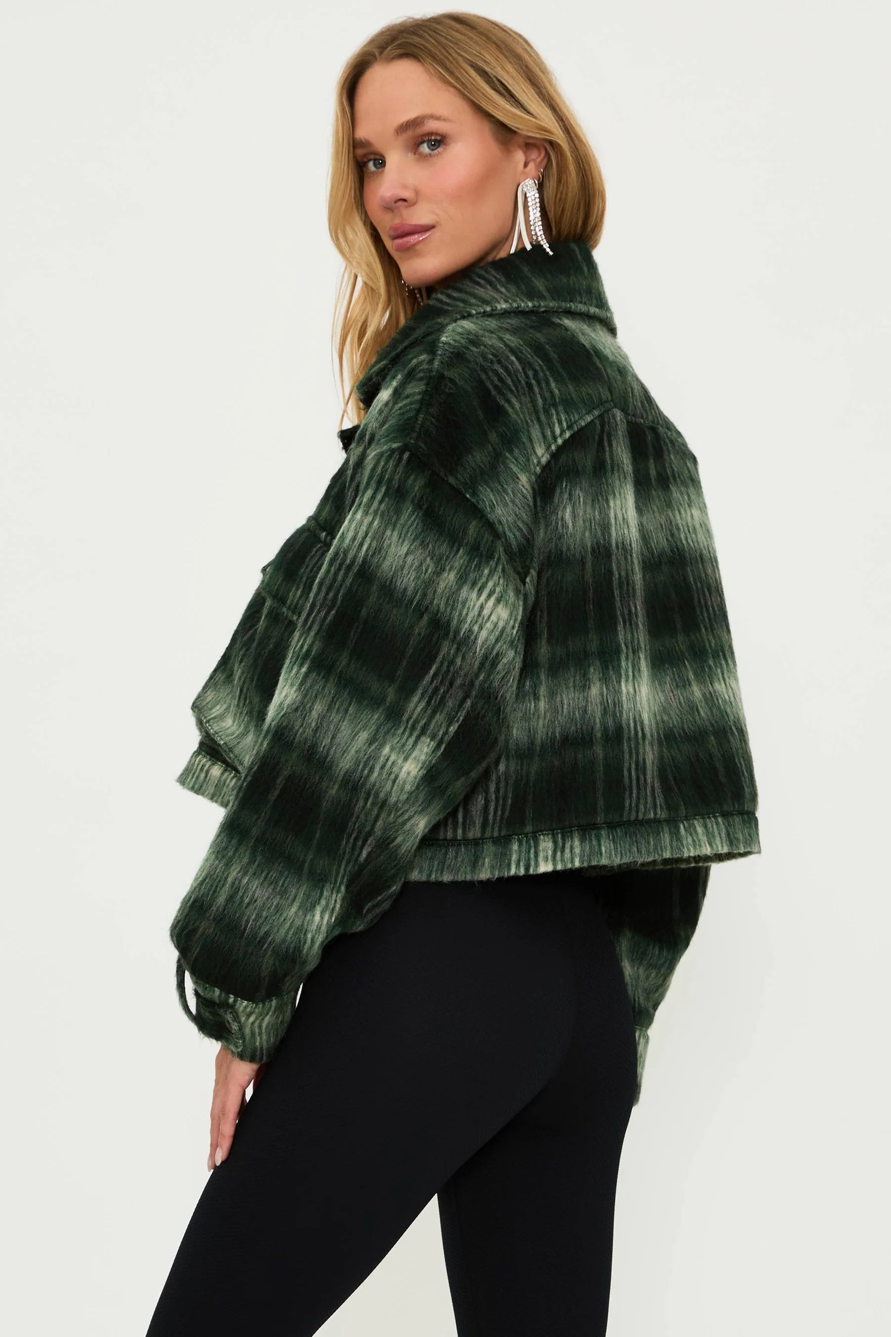 Cropped dark green plaid jacket with over sized front pockets
