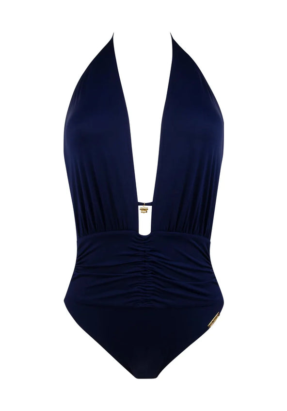 Dark Blue Deep Plunging Halter One Piece