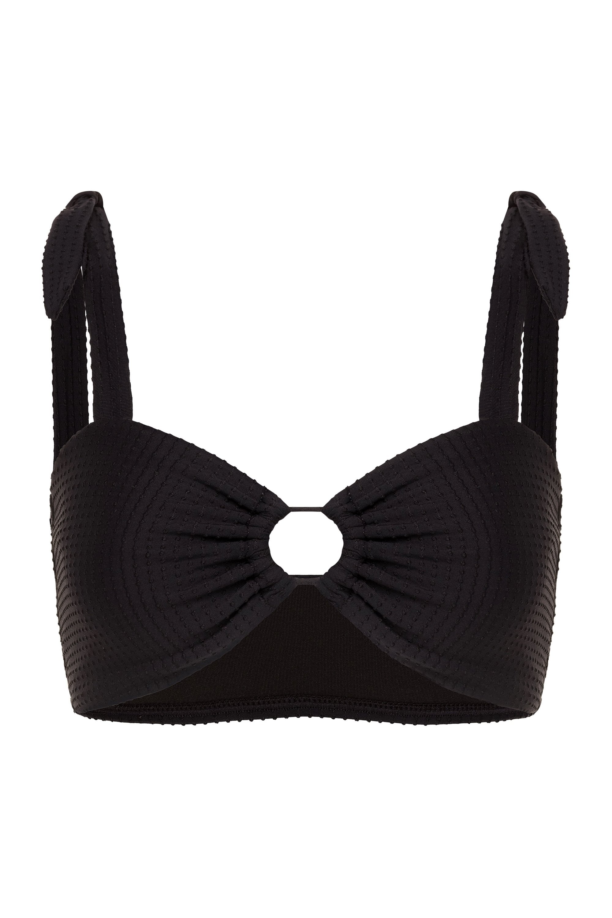 Black Textured Ring Detailed Bikini Top