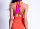 Reversible Plunging Halter One Piece In Orange And Pink