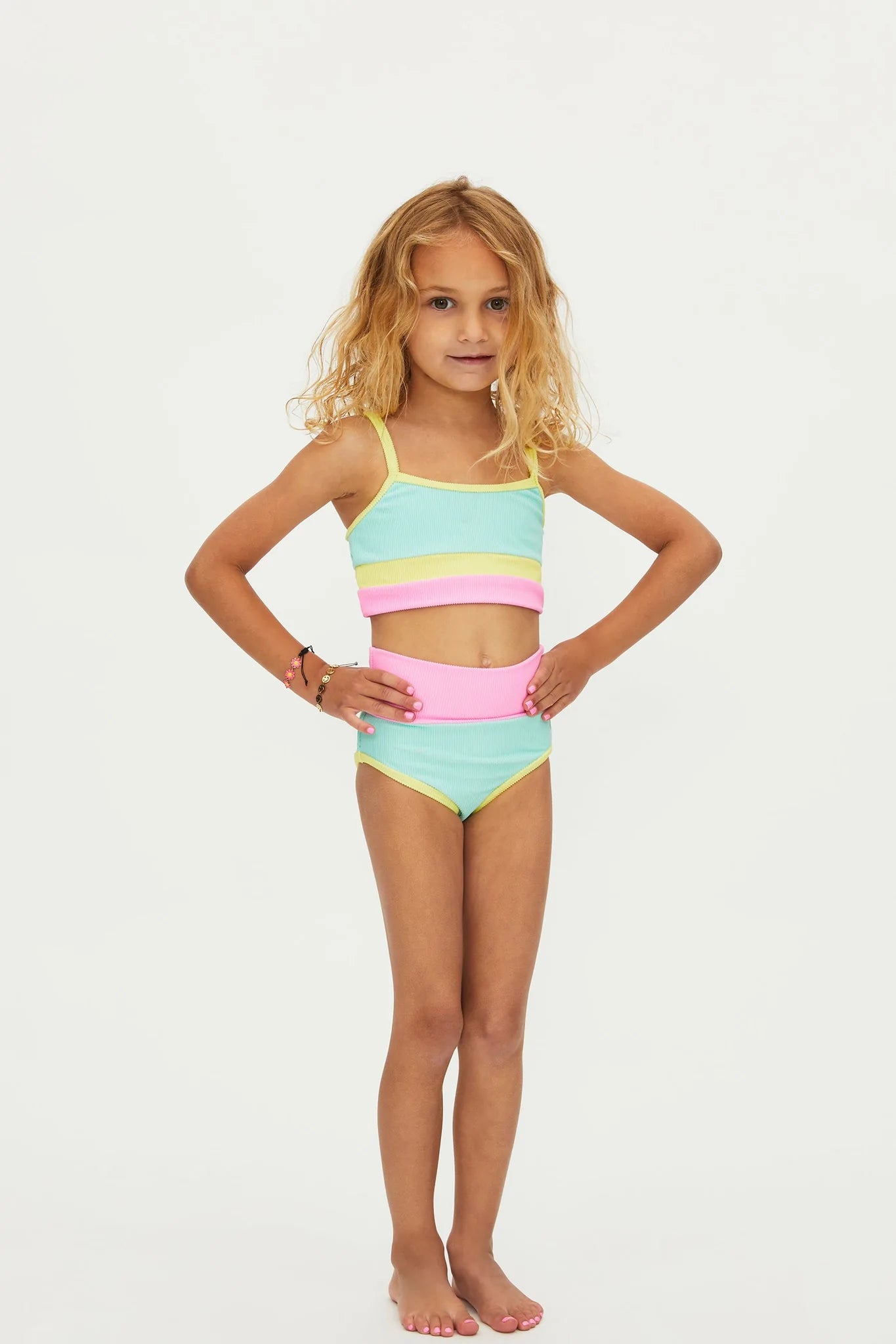 Kids Pastel Color Block Ribbed Swim Set