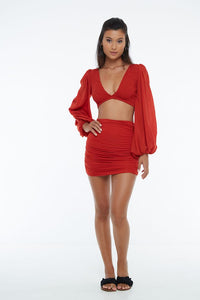 Red Side Gathered Mini Skirt