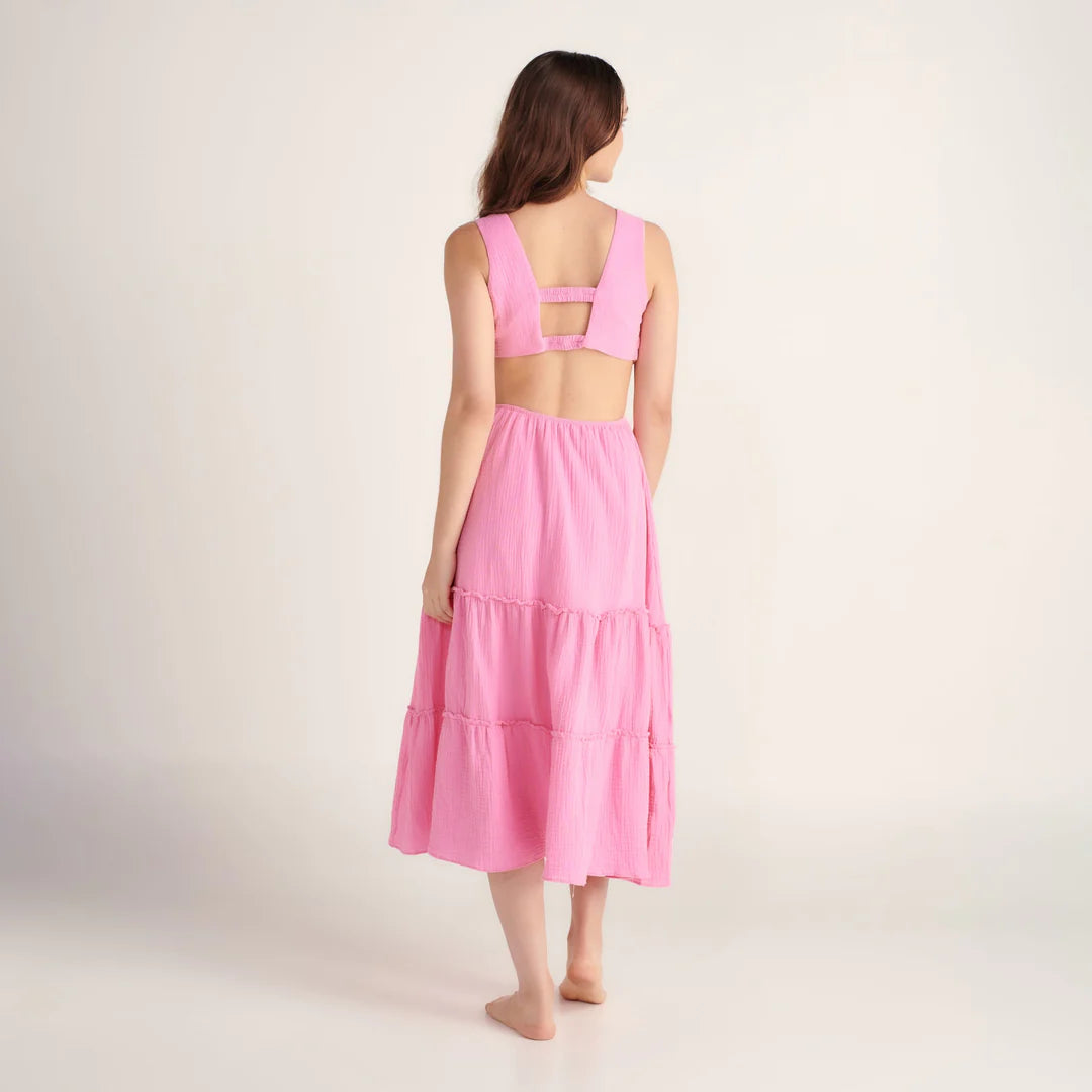 Pink Tiered Cotton Midi Dress 