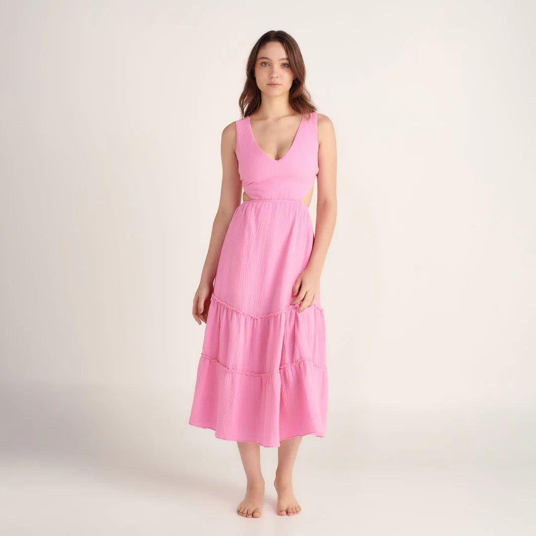 Pink Tiered Cotton Midi Dress 